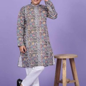 grey printed cotton blend kurta for boys