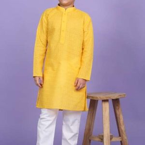 yellow embroidered cotton blend kurta for boys