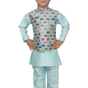 blue printed cotton blend kurta set with jacket for boys