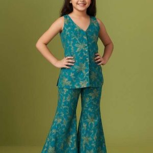 girls blue embroidered georgette sharara set