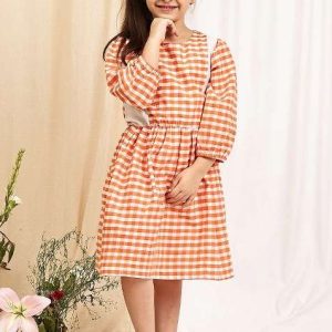 peach check cotton blend dress for girls
