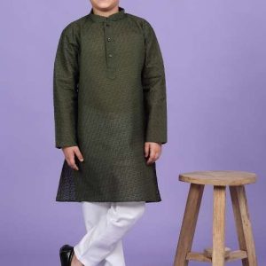 green embroidered cotton blend kurta for boys