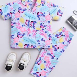 white printed cotton shirt pant set for boys