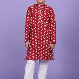 maroon printed cotton blend kurta for boys