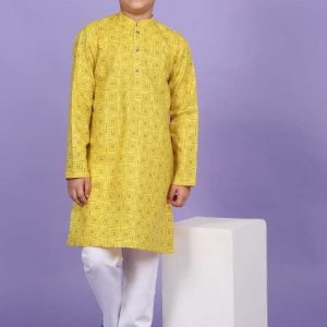 yellow printed cotton blend kurta for boys