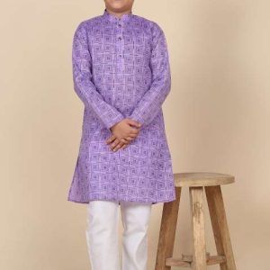 purple printed cotton blend kurta for boys