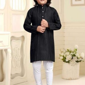black embroidered cotton kurta with pyjama for boys