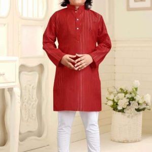 red embroidered cotton kurta with pyjama for boys