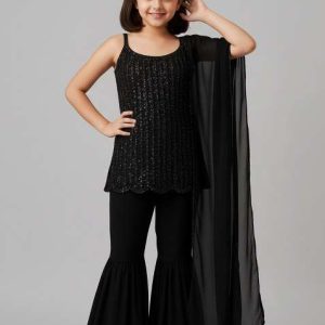 girls grey embroidered net sharara set