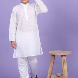 white embroidered cotton blend kurta for boys