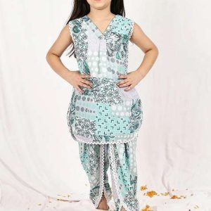turquoise floral cotton blend kurta set for girls