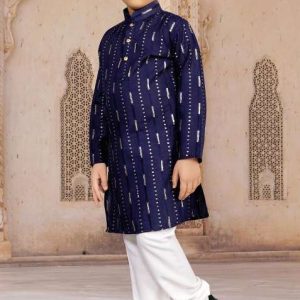 blue sequins work cotton kurta with pyjama for boys