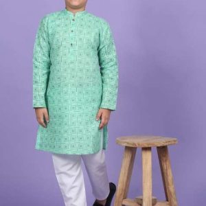 green printed cotton blend kurta for boys