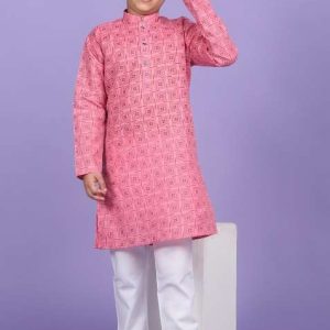 pink printed cotton blend kurta for boys