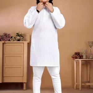 white embroidered cotton kurta with pyjama for boys