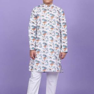 white printed cotton blend kurta for boys
