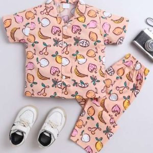 peach printed cotton shirt pant set for boys
