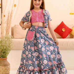 navy blue printed lehenga with blouse with dupatta (set of 3)