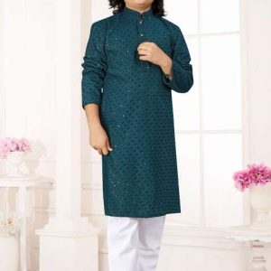 blue embroidered cotton kurta with pyjama for boys
