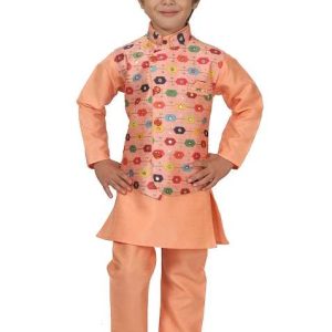 orange printed cotton blend kurta set with jacket for boys