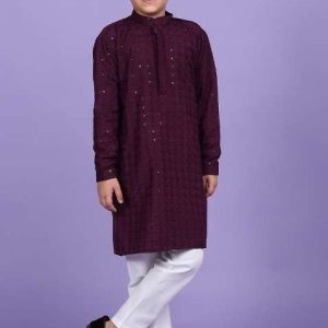 purple embroidered cotton blend kurta for boys
