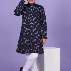 blue printed cotton blend kurta for boys