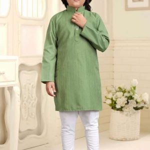 mint green embroidered cotton kurta with pyjama for boys