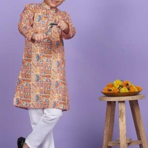 orange printed cotton blend kurta for boys