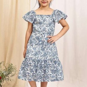 blue floral cotton blend dress for girls