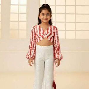 girls white abstract print chanderi fusion set