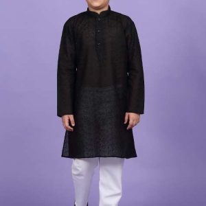 black embroidered cotton blend kurta for boys