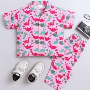 pink printed cotton shirt pant set for boys