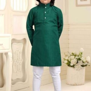 green embroidered cotton kurta with pyjama for boys