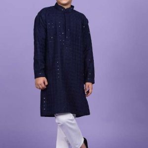 navy blue embroidered cotton blend kurta for boys