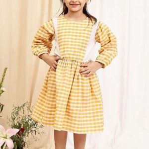yellow check cotton blend dress for girls