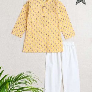 yellow embellished cotton kurta set for boys