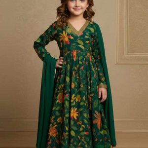 girls forest green floral print georgette anarkali set