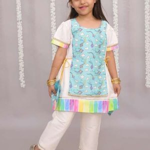 off white sky blue kite print kurta set for girls