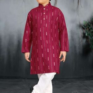 maroon soft cotton sequins work kurta pyjama for boys
