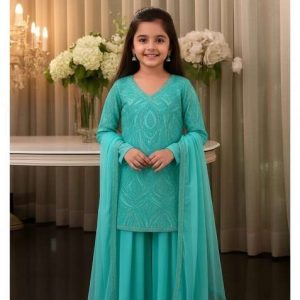 girls aqua blue embellished net sharara set