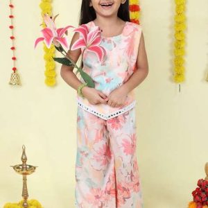 peach printed cotton kurta set for girls