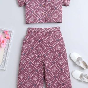 pink printed cotton co ord set for girls