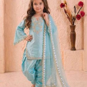 sky blue embroidered silk salwar suits for girls