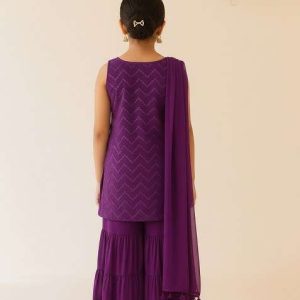 girls purple embroidered net sharara set