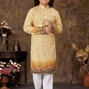 yellow rayon embroidered kurta pyjama for boys