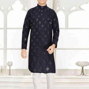 blue cotton blend kurta set for boys