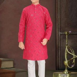 pink cotton blend kurta set for boys
