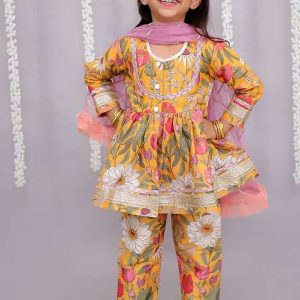 orange flower print angrakha set for girls