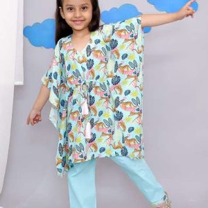blue tiger print kaftan kurta set for girls