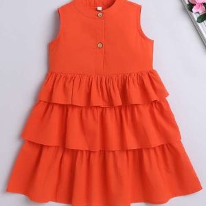 orange solid cotton dress for girls